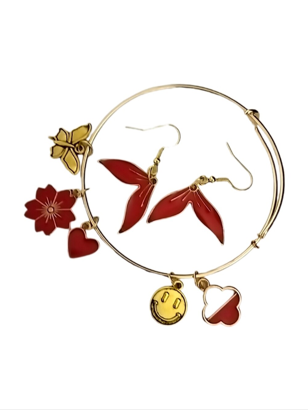 Gold-Tone Red Enamel Flower & Heart Charm Bangle w/ Red Leaf Drop Earrings